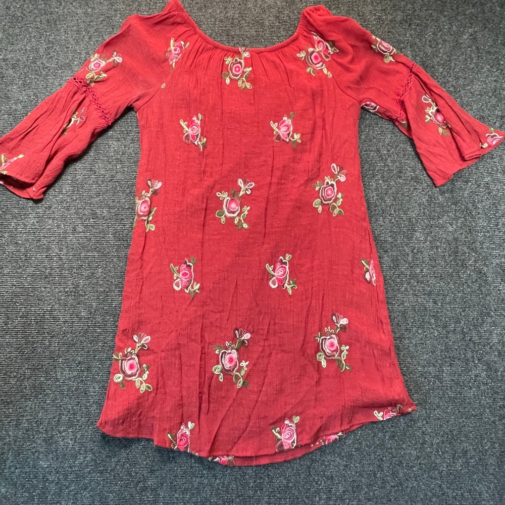 Fig and Flower Embroidered Boho Tunic Womens L Red Floral Gauze Cottage Peasant